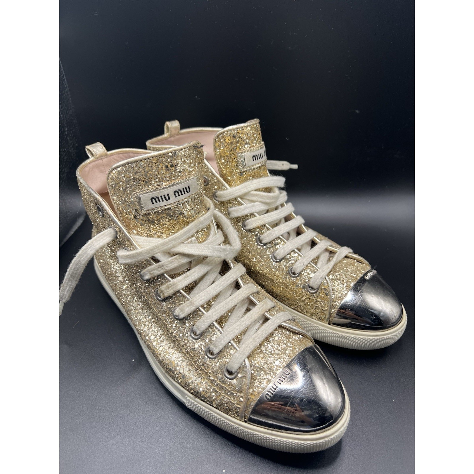 Miu Miu Gold Glitter High Top Sneakers Silver Cap Toe Women's Eu 40 Us 9.5